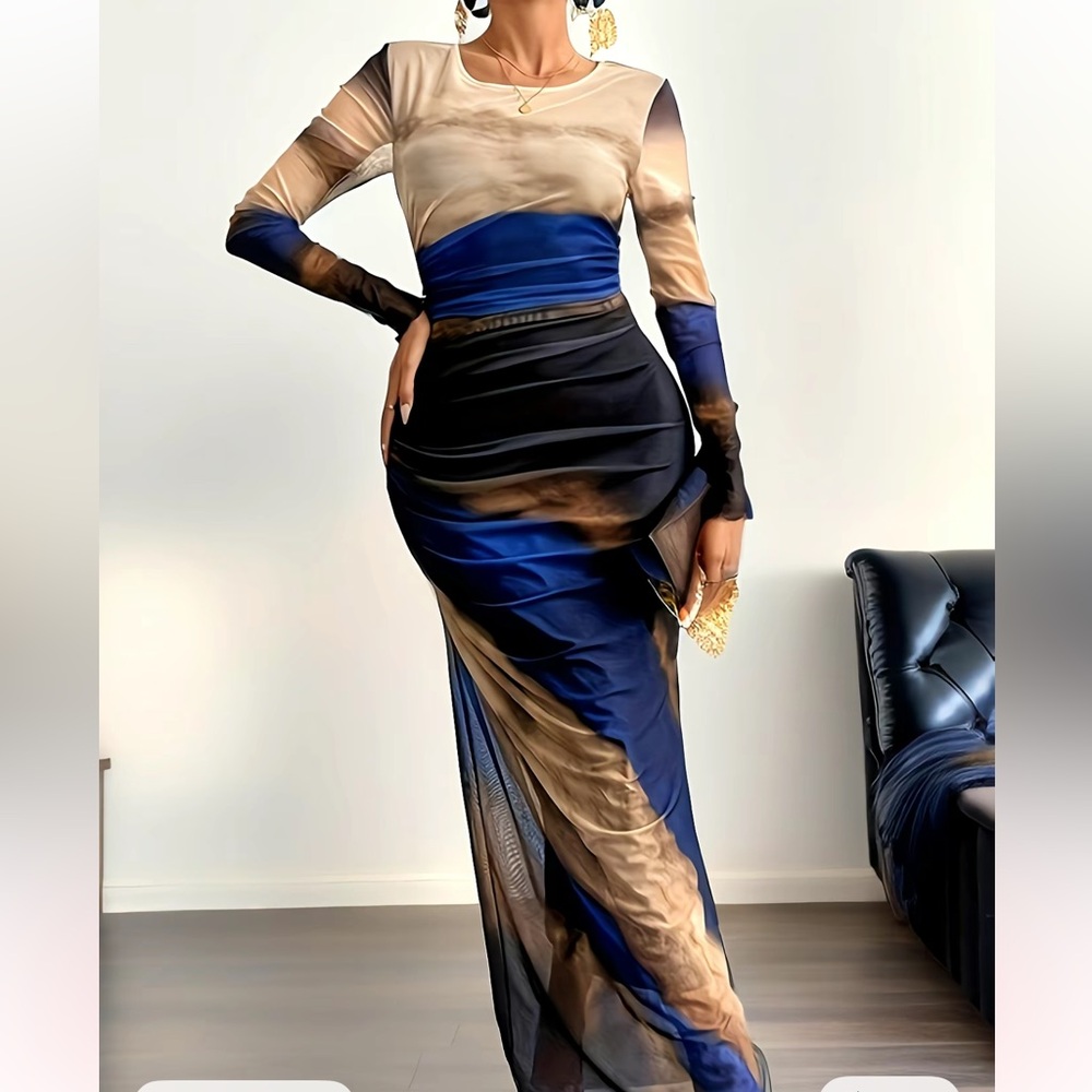 Elegant Multicolor Long Sleeve Maxi Bodycon Dress